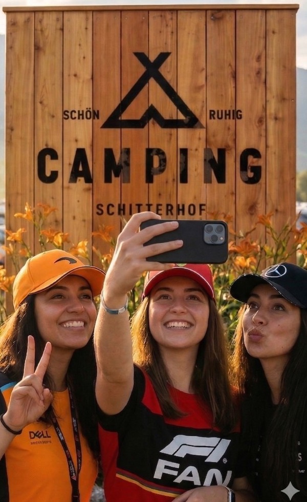 Selfie am Schitterhof Camping WEISS – Fans vor dem Camping-Schitterhof Schild beim F1 Wochenende