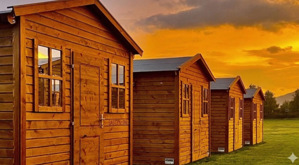 Glamping Chalet am Schitterhof Camping WEISS Spielberg – Holz-Chalets bei Sonnenuntergang zur Formel 1 am Red Bull Ring